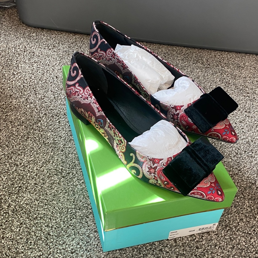 Kate Spade Red Paisley Flats with Black Velvet Bow